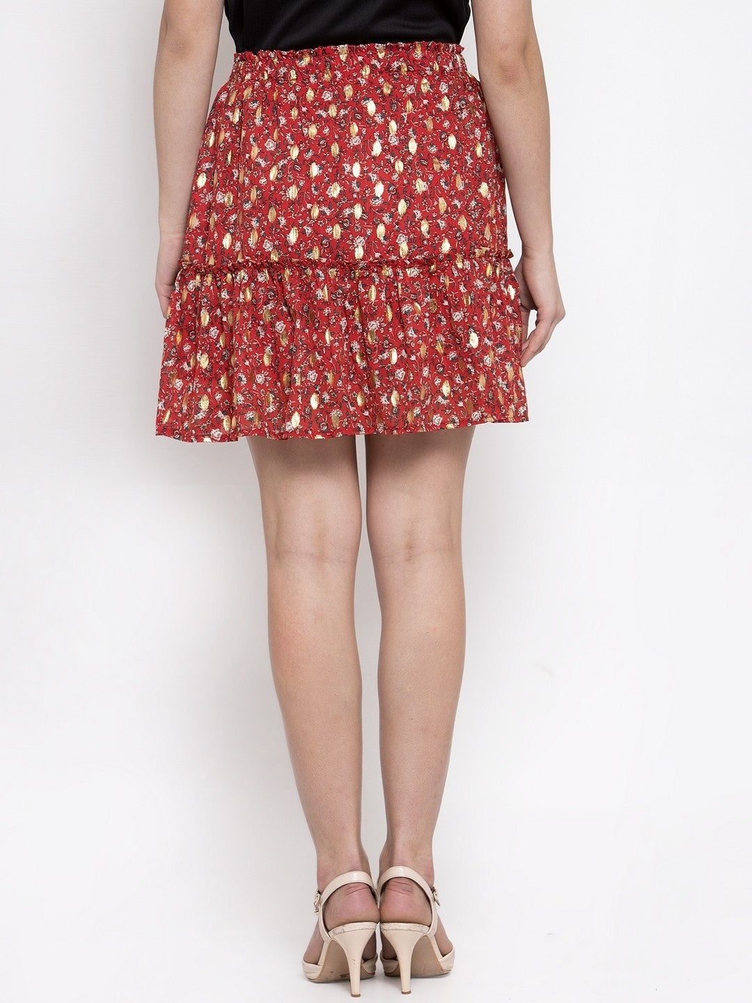 Women Red Foil Printed Mini Skirt