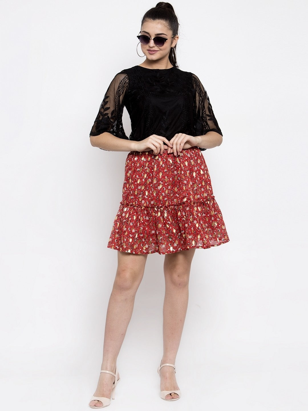 Women Red Foil Printed Mini Skirt