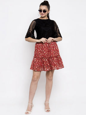 Women Red Foil Printed Mini Skirt