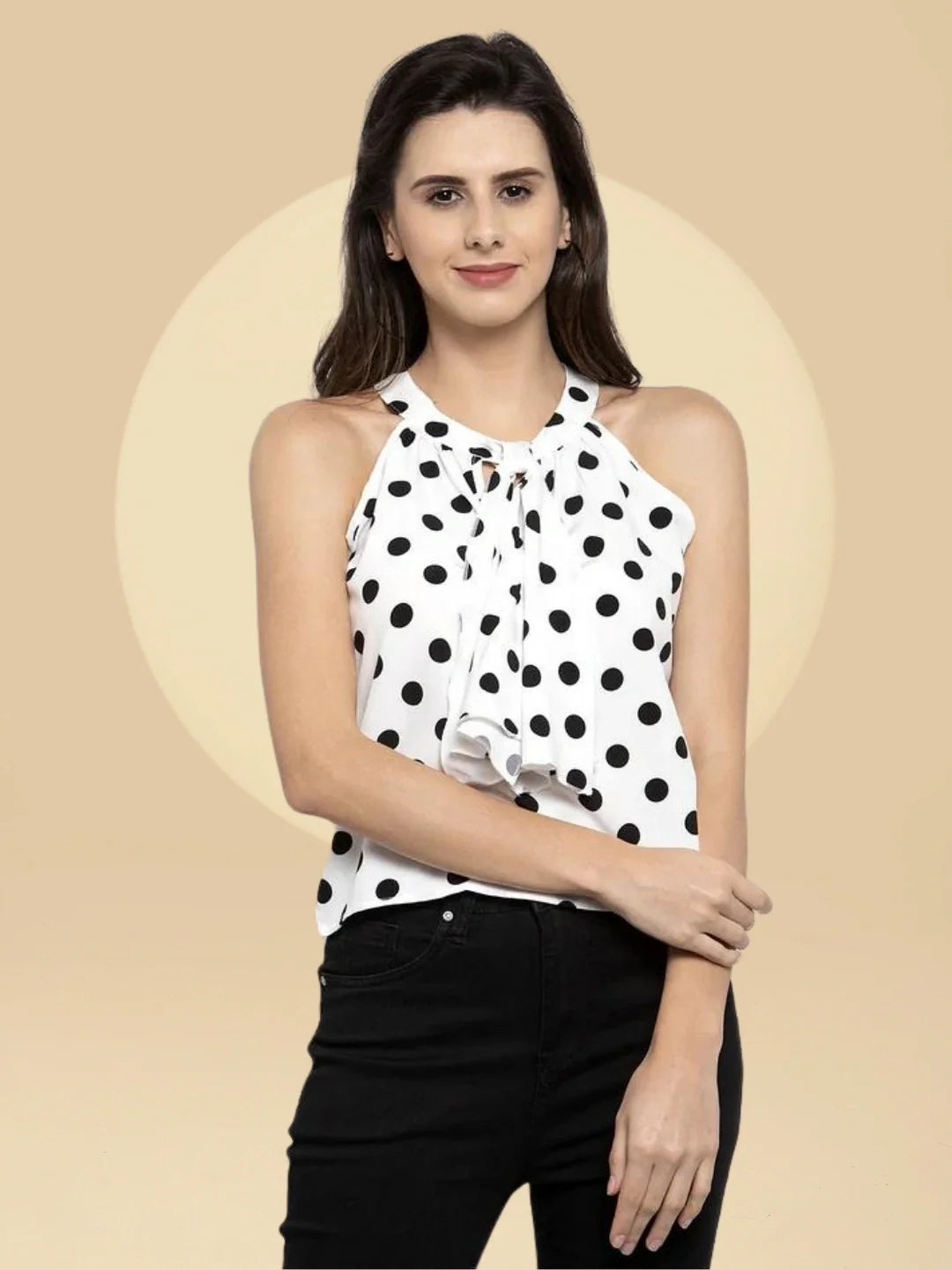 Women Polka Dots Round Neck Top