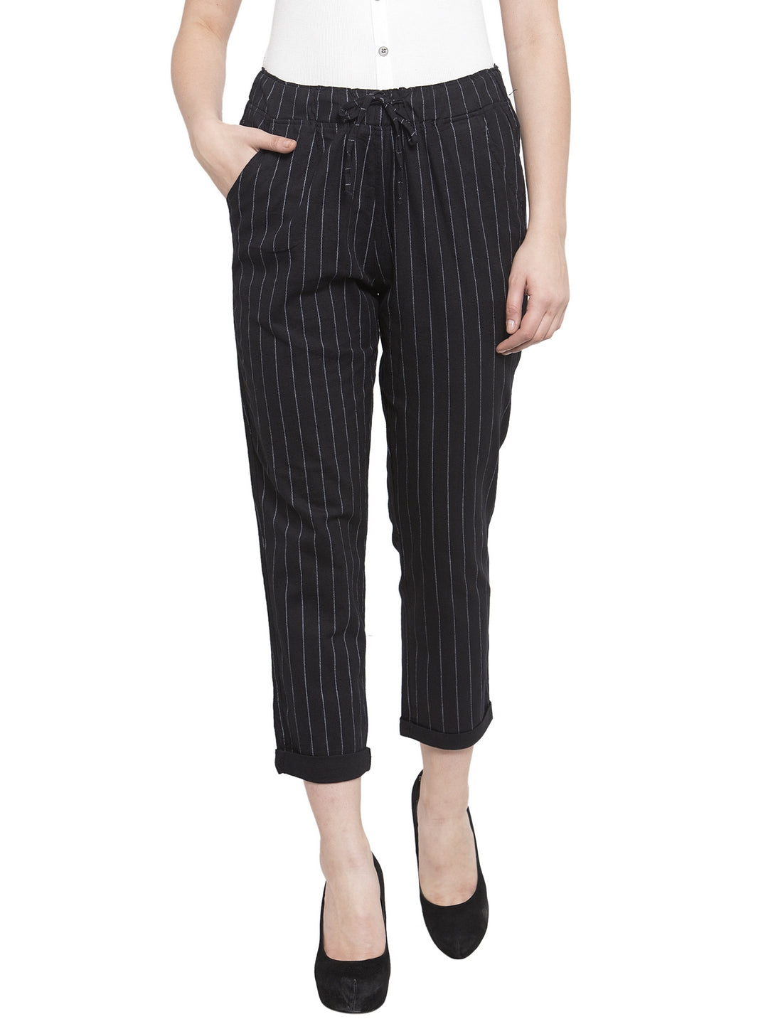 Women Mid-Rise Striped Ankle Length Black Lower