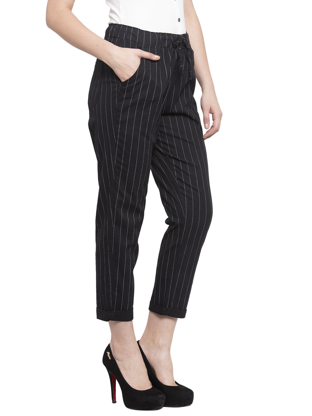 Women Mid-Rise Striped Ankle Length Black Lower