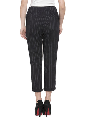 Women Mid-Rise Striped Ankle Length Black Lower