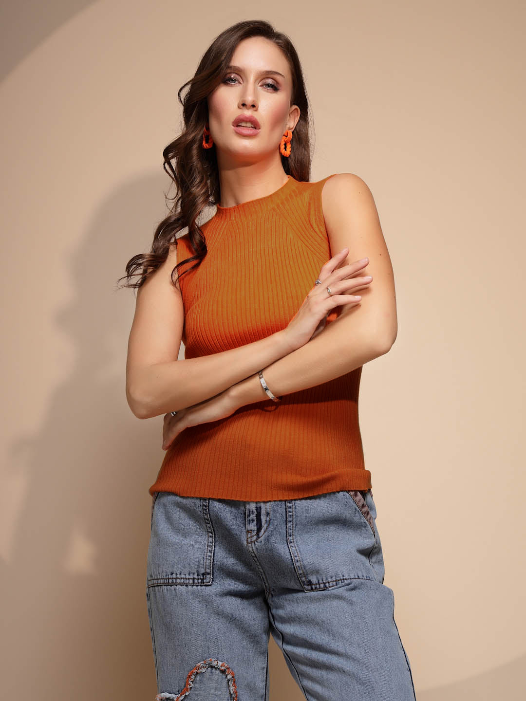 Women Rust High Neck Sleeveless Skivvy