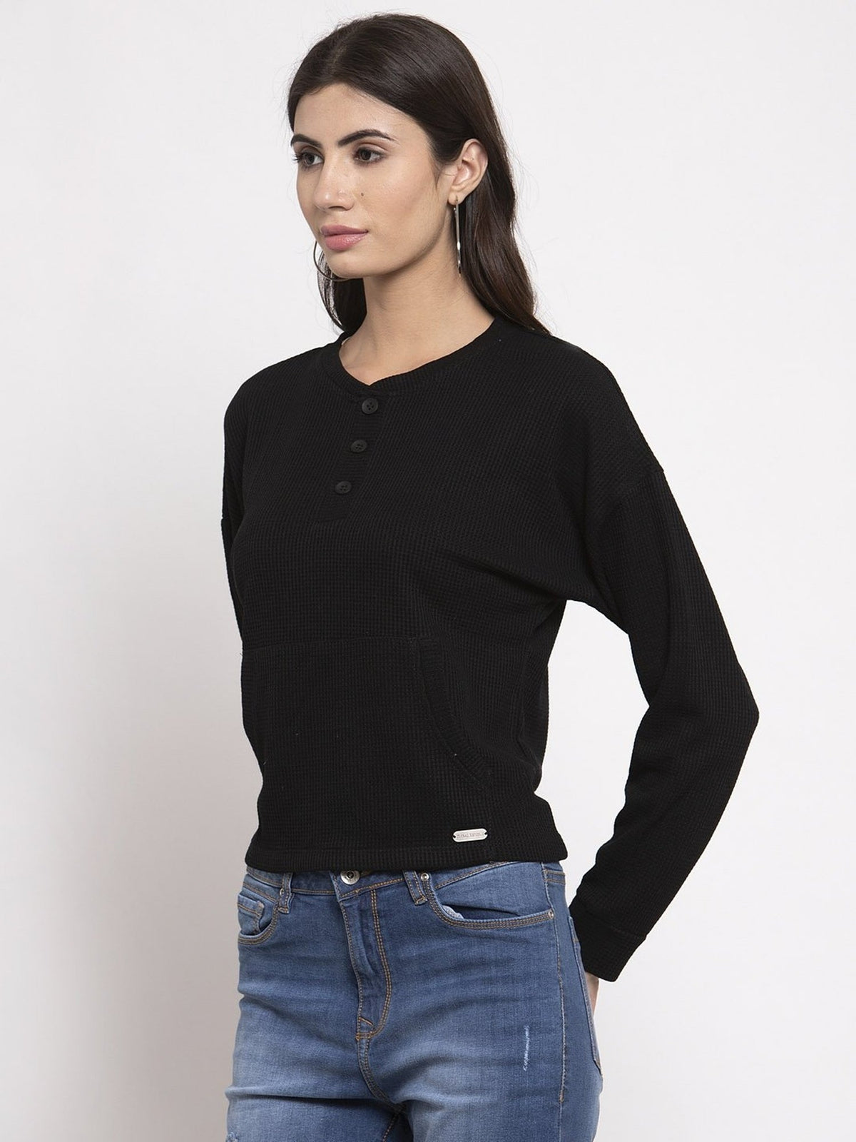 Women Solid Full Sleve V- Neck Top