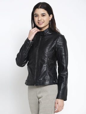 Women Black T- Neck Solid Jacket