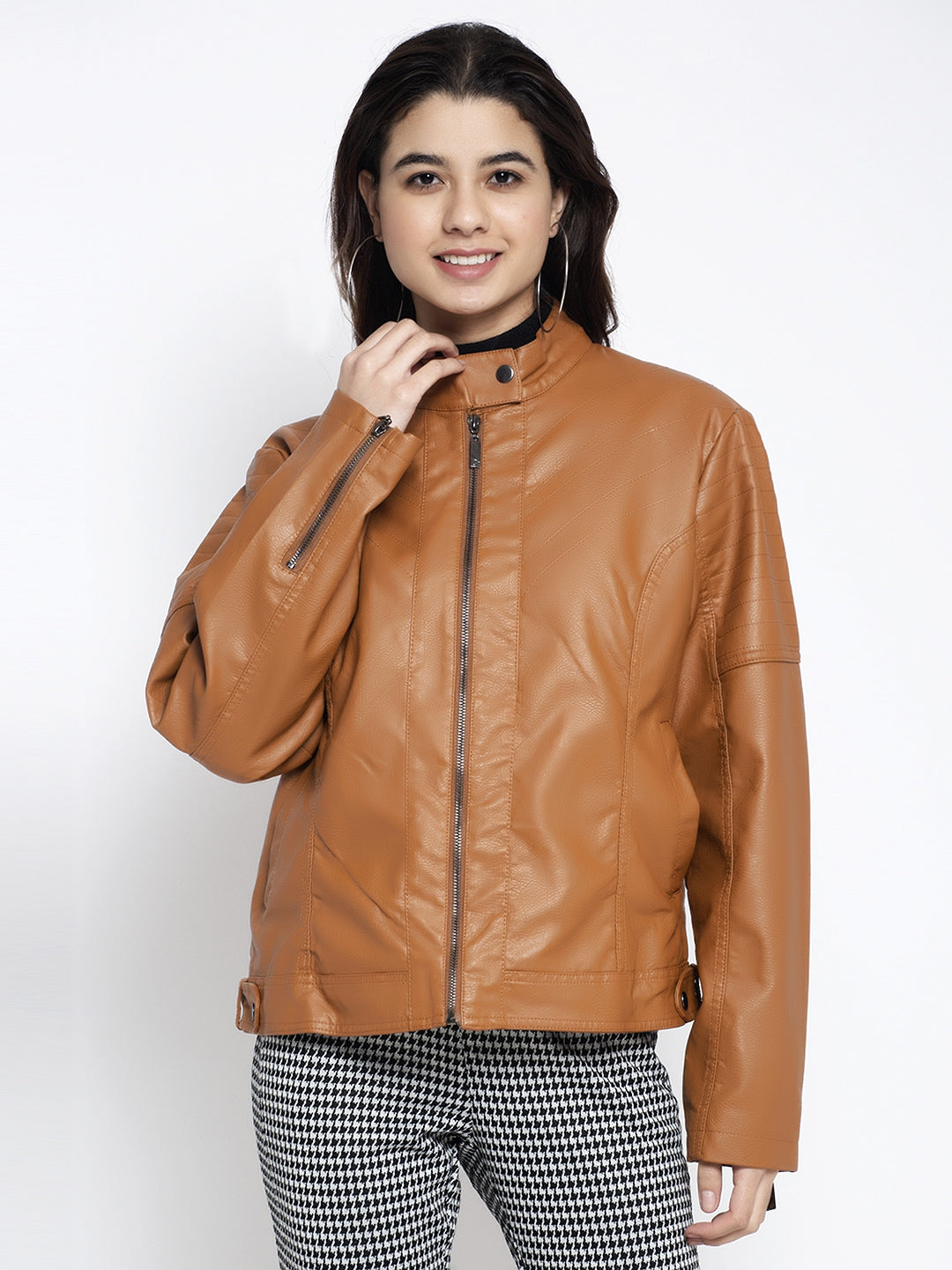 Women Brown T- Neck Solid Jacket