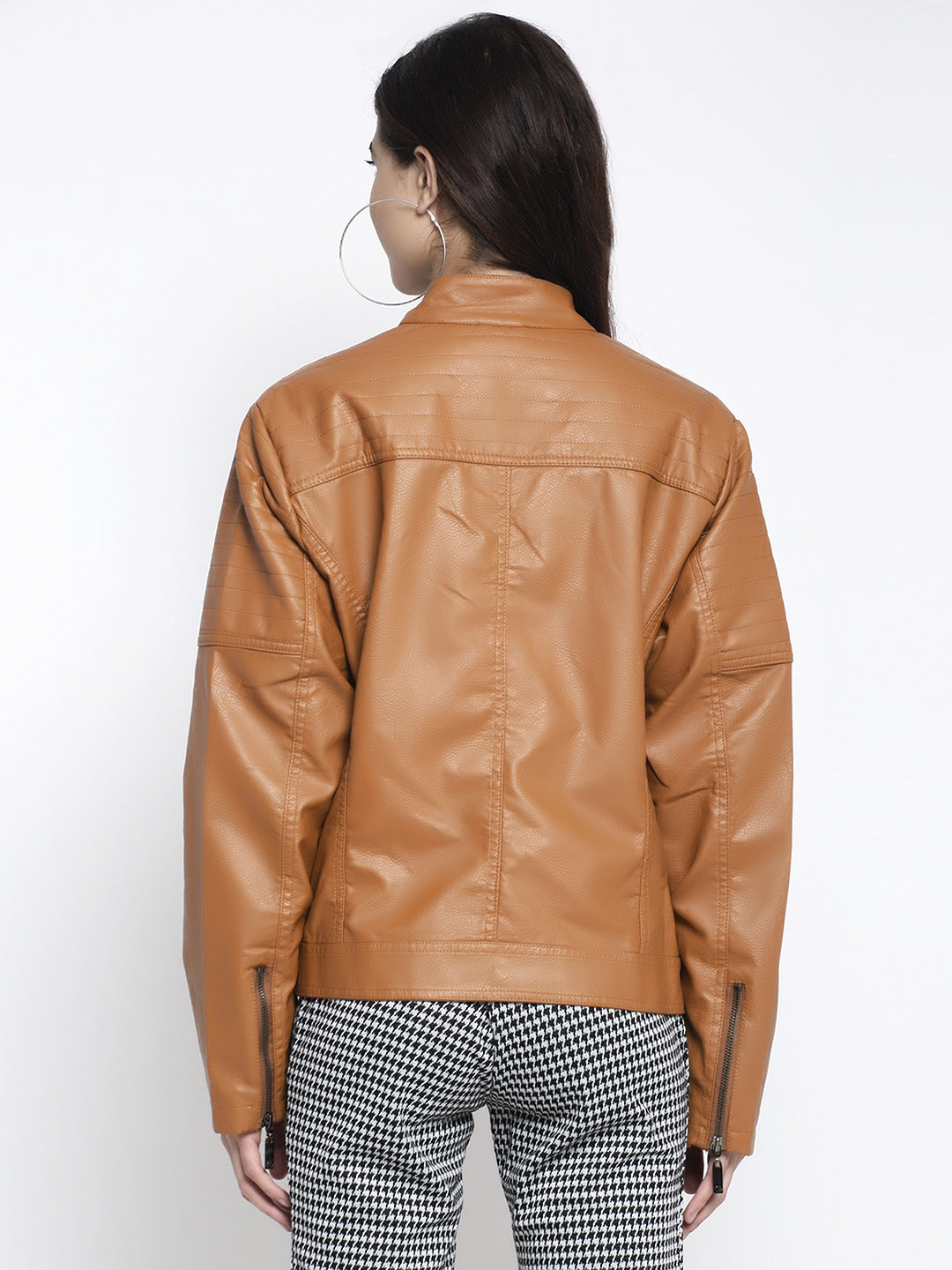 Women Brown T- Neck Solid Jacket