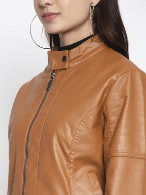 Women Brown T- Neck Solid Jacket