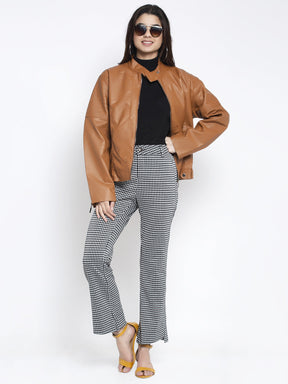 Women Brown T- Neck Solid Jacket