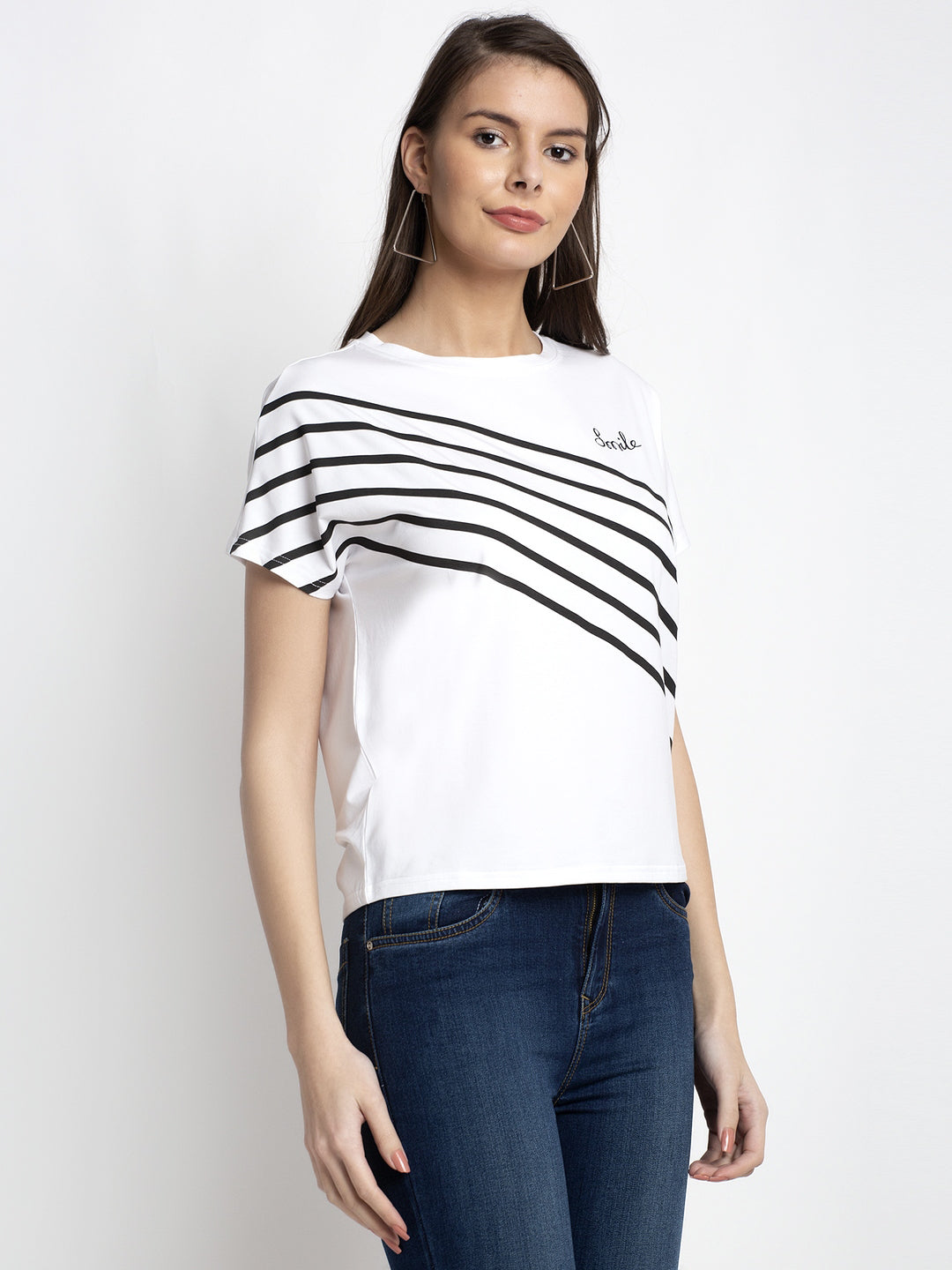 Women White Crew Neck Solid Top