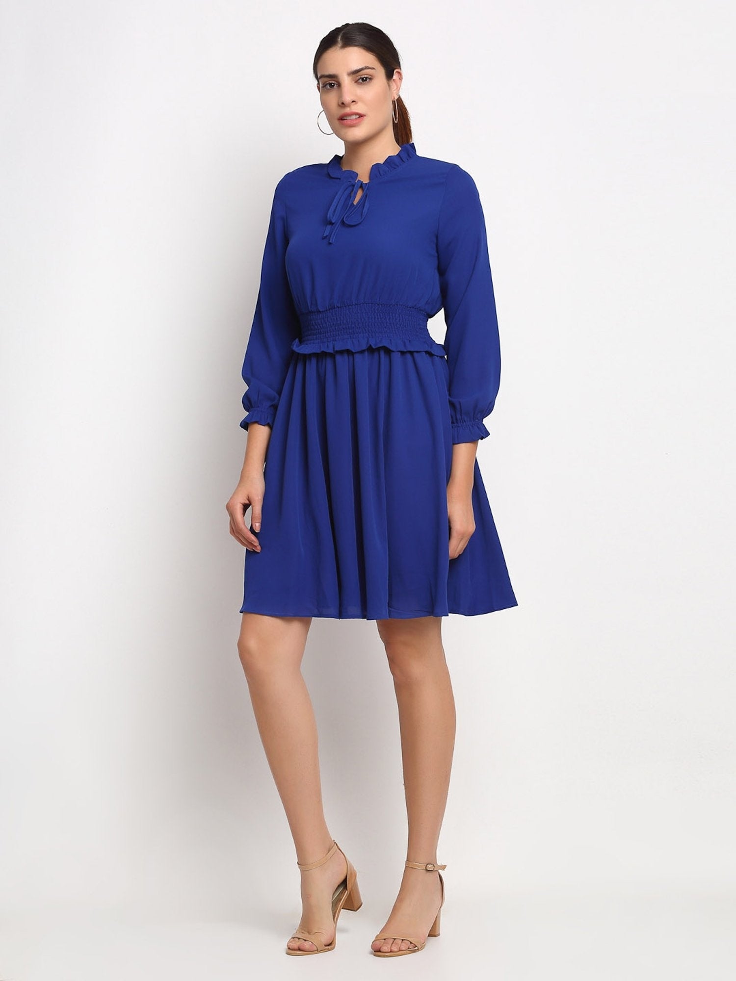 Buy Women Blue High Neck Solid Knee Length Frock Dress Global Republic