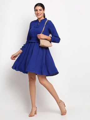 Women Ruffle Neck Solid Knee Length Frock Dress