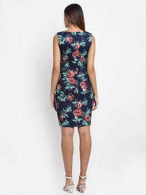 Women Round Neck Slim Fit Sheath Floral Printed Dress