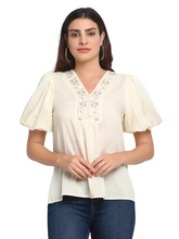 Women Beige V- Neck Regular Blouson Top