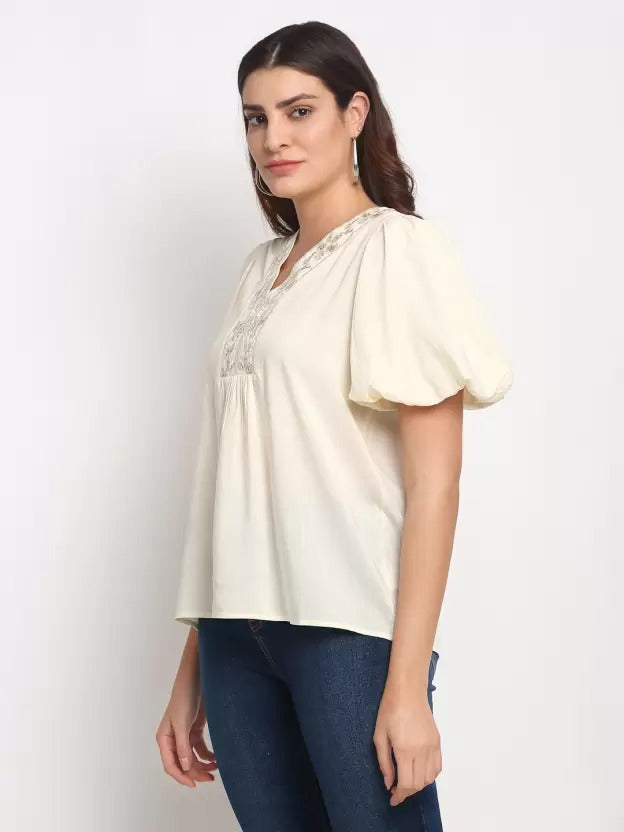 Women Beige V- Neck Regular Blouson Top