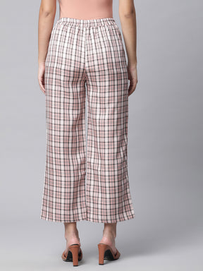 Women Peach Pink Cropped Length Checked Lower