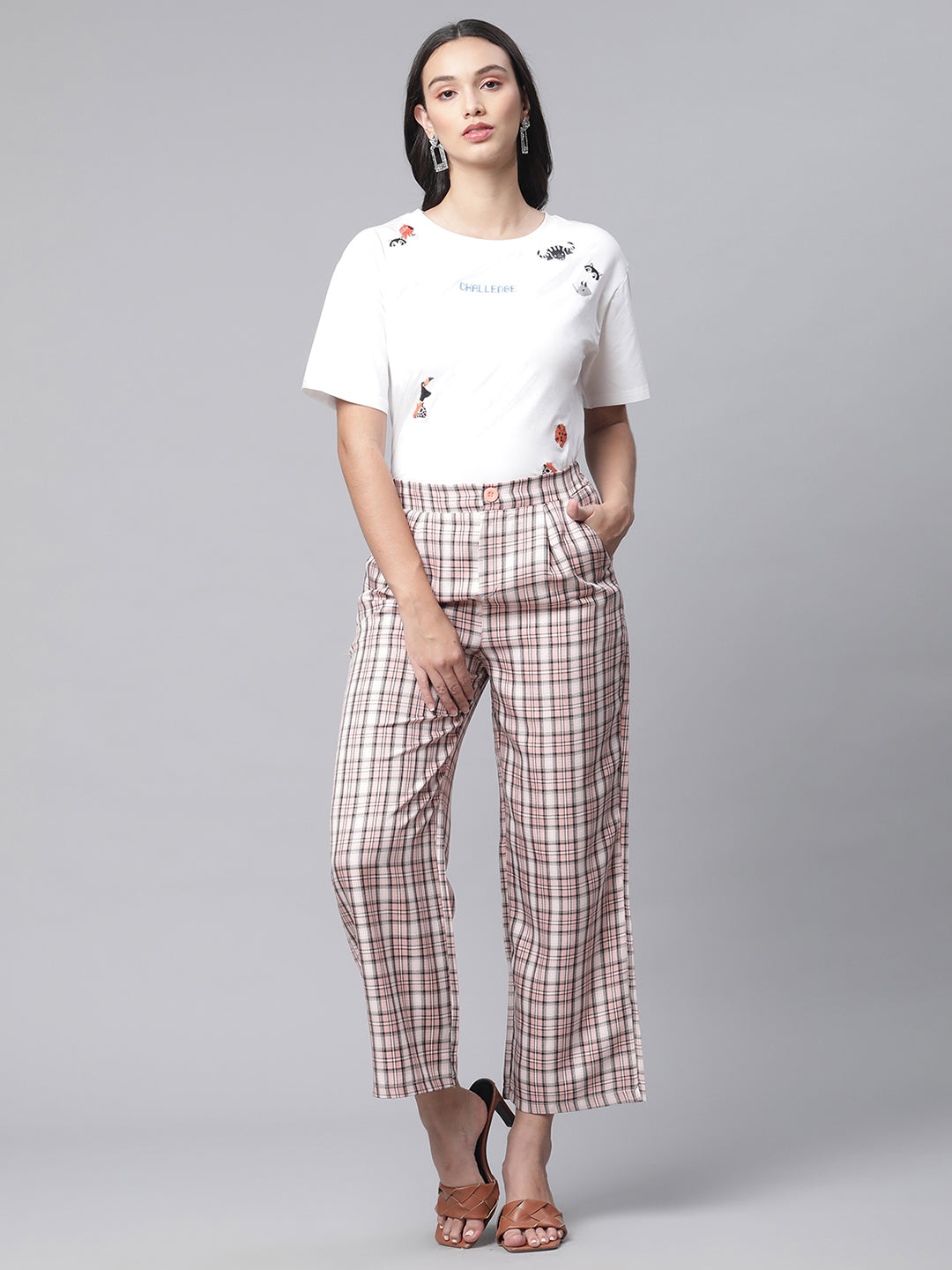 Women Peach Pink Cropped Length Checked Lower