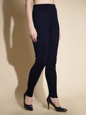 Navy Blue Solid Woolen High Rise Stretchable Legging