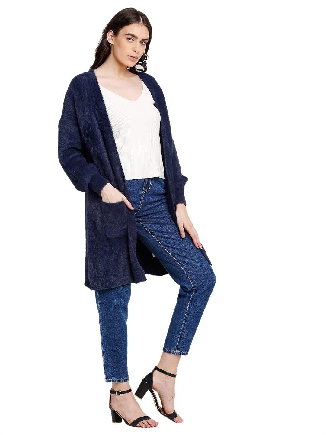 Women Navy Blue Knitted Solid Open Neck Long Winter Shrug