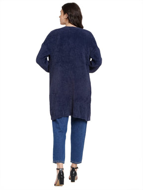 Women Navy Blue Knitted Solid Open Neck Long Winter Shrug