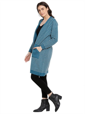 Women Turquoise Blue Knitted Striped Open Neck Long Shrug