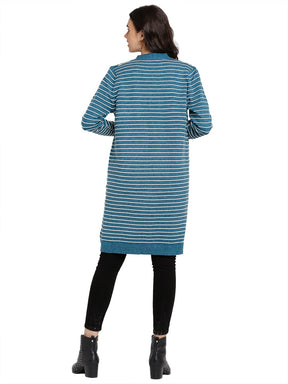 Women Turquoise Blue Knitted Striped Open Neck Long Shrug