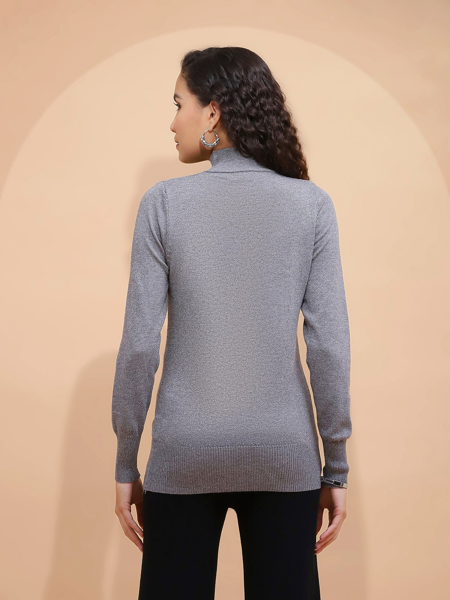 Women Grey And Silver Turtle Neck Full Sleeve Snug Fit Skivvy