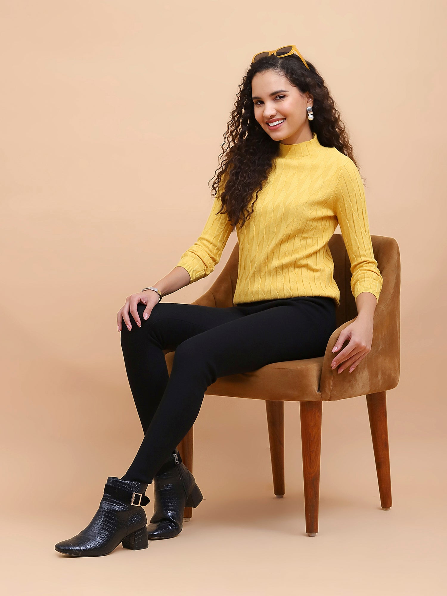 Mustard Solid Poly Viscose Slim Fit High Neck Skivvy Pullover