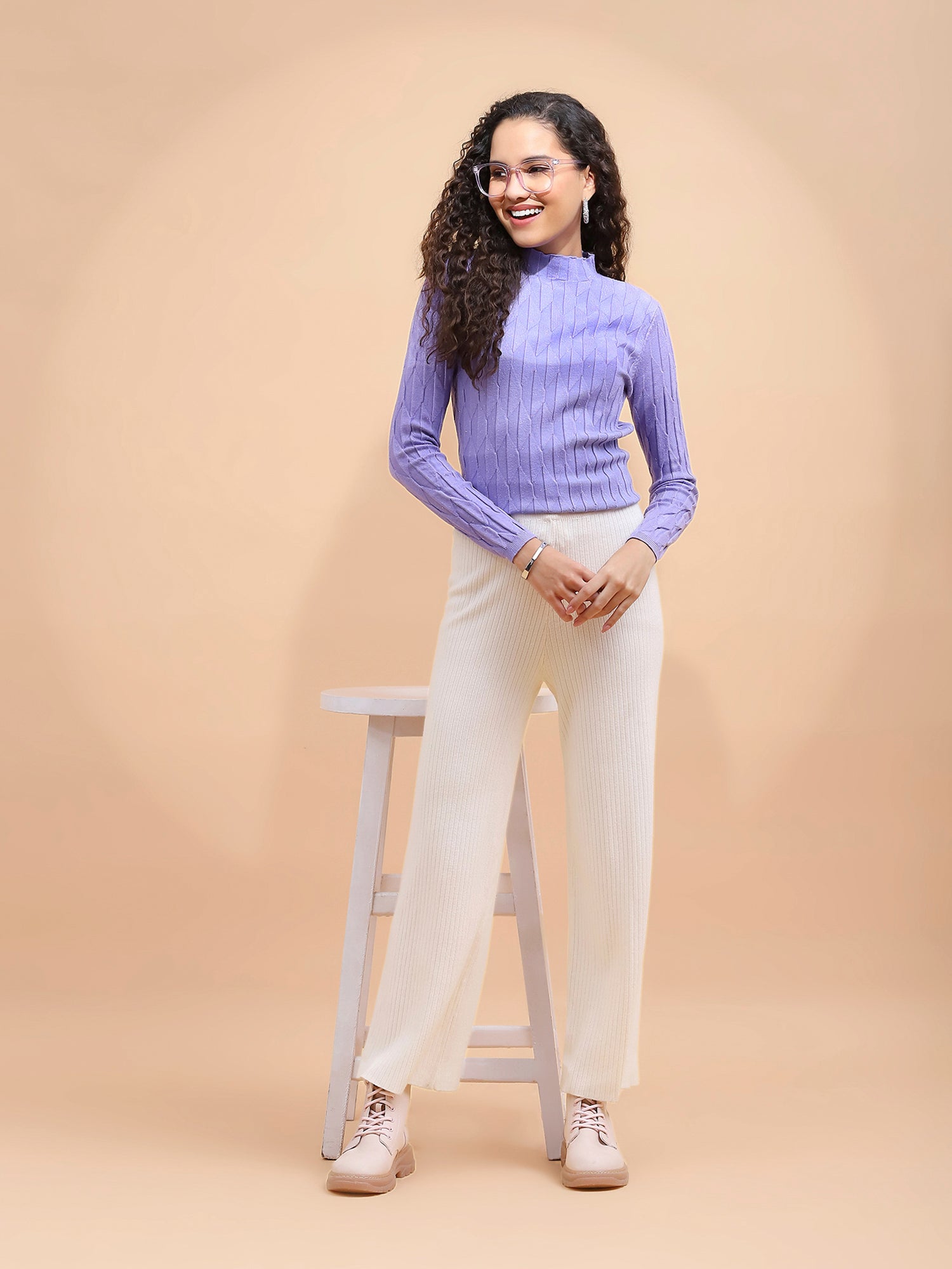 Lilac Solid Poly Viscose Slim Fit High Neck Skivvy Pullover