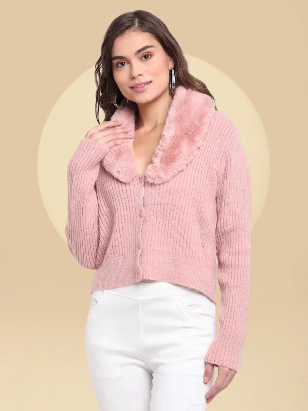 Women Pink Fur-Collared Knitted Regular Fit Cardigan
