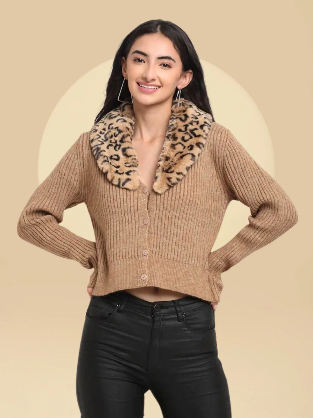 Women Brown Fur-Collar Knitted Regular Fit Cardigan