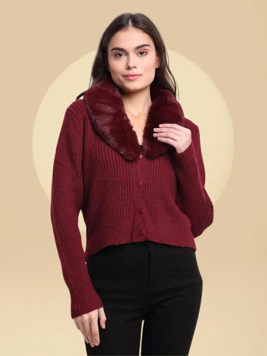 Women Maroon Fur-Collared Knitted Regular Fit Cardigan
