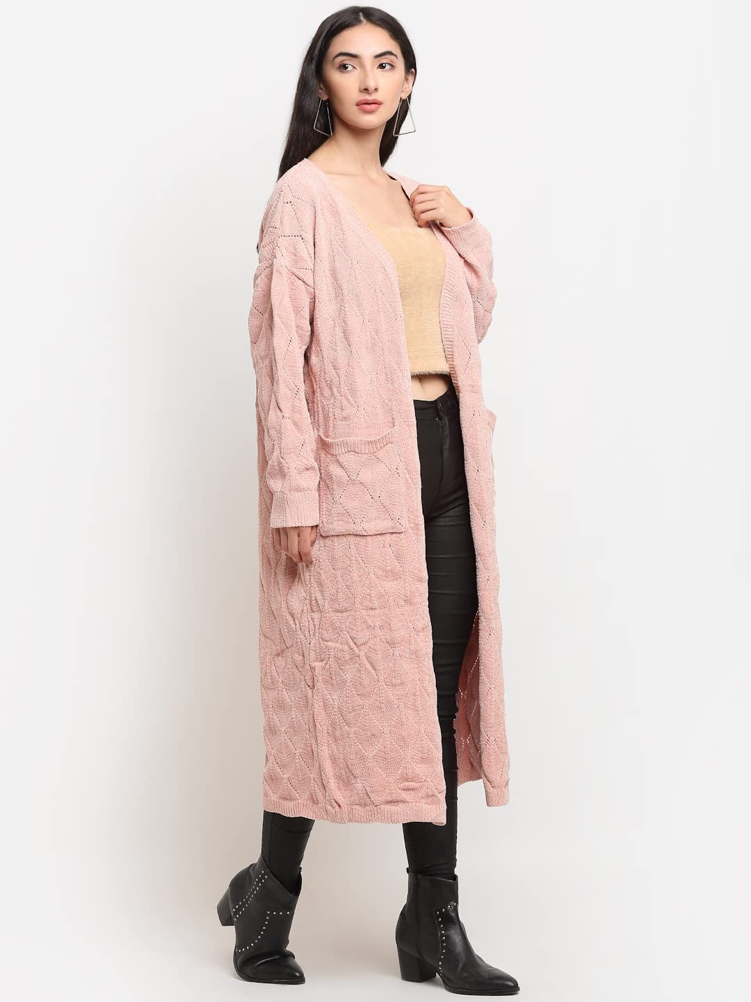 Women Pink Knitted Loose Fit Long Shrug