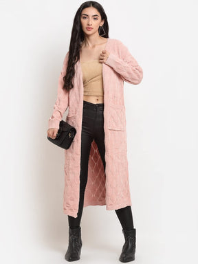 Women Pink Knitted Loose Fit Long Shrug