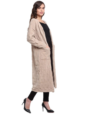 Women Beige Front Open Solid Knitted Long Shrug