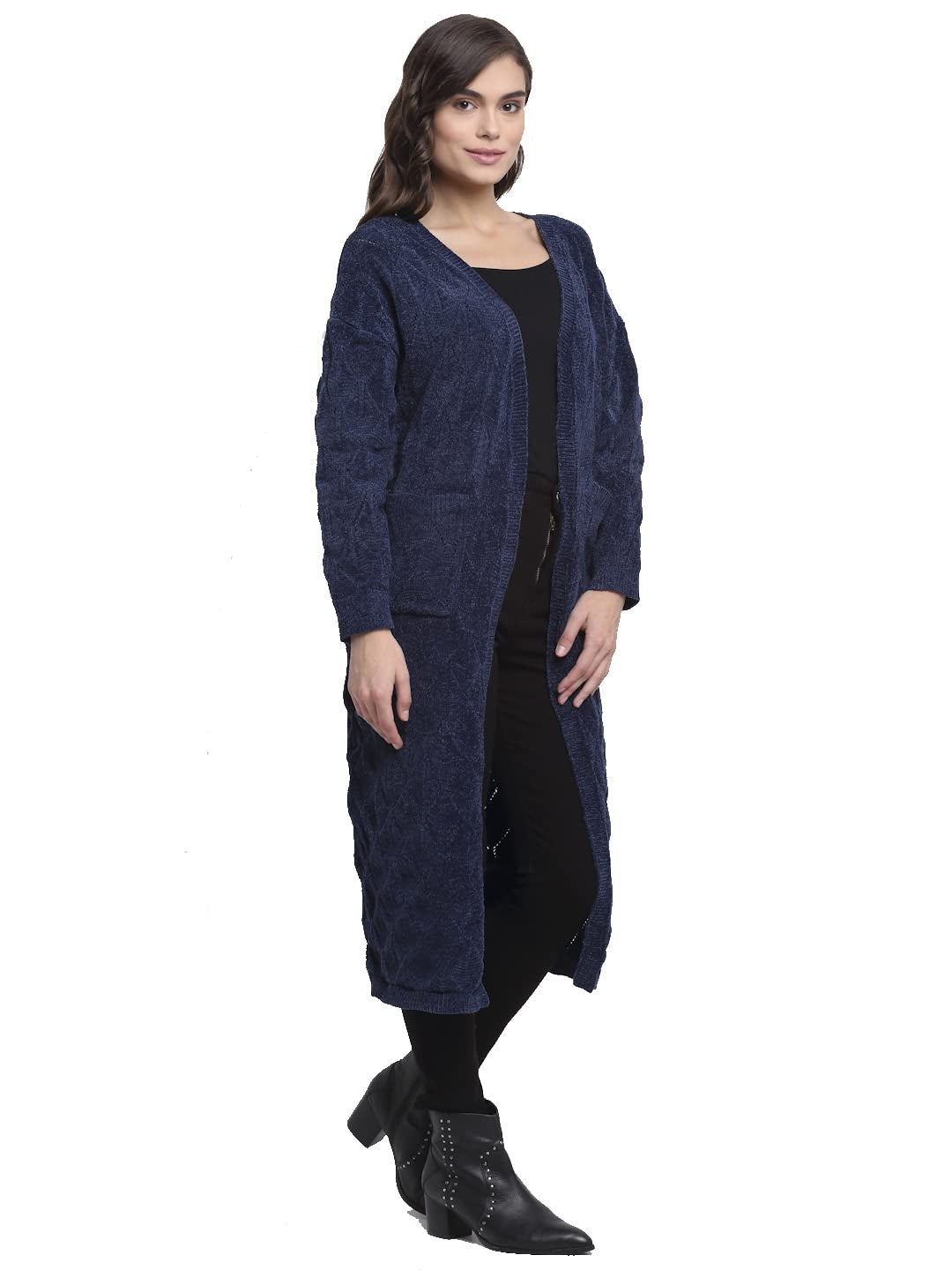 Women Navy Blue Front Open Loose Fit Knitted Long Shrug