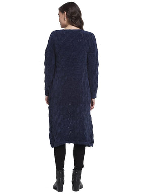 Women Navy Blue Front Open Loose Fit Knitted Long Shrug