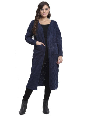 Women Navy Blue Front Open Loose Fit Knitted Long Shrug