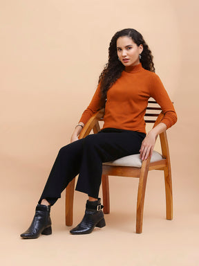 Women Rust Turtle Neck Full Sleeve Snug Fit Skivvy