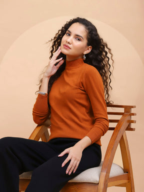 Women Rust Turtle Neck Full Sleeve Snug Fit Skivvy