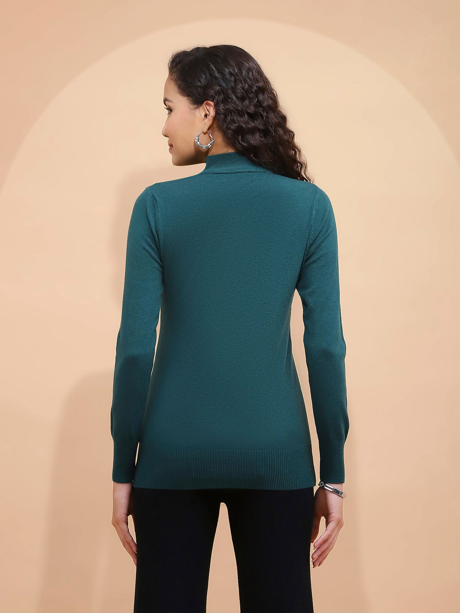 Women Bottle Green Turtle Neck Full Sleeve Snug Fit Skivvy