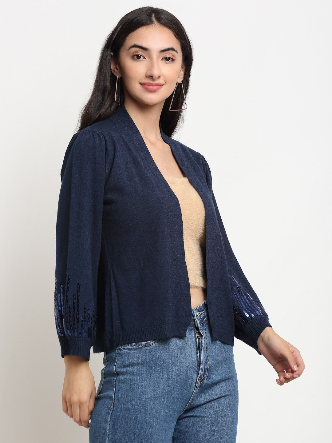 Women Navy Blue Open Neck Solid Shrug