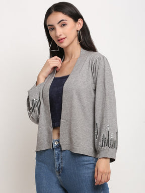 Women Grey Open Neck Loose Fit Shrug