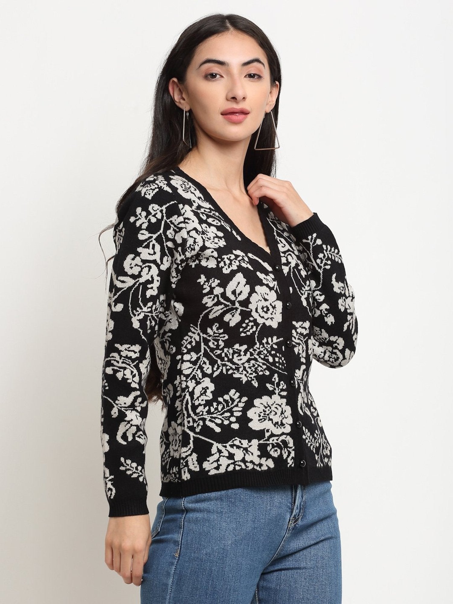 Women Black V-Neck Regular Fit Floral Printed Cardigan