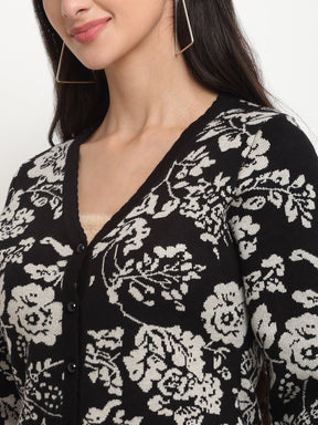 Women Black V-Neck Regular Fit Floral Printed Cardigan