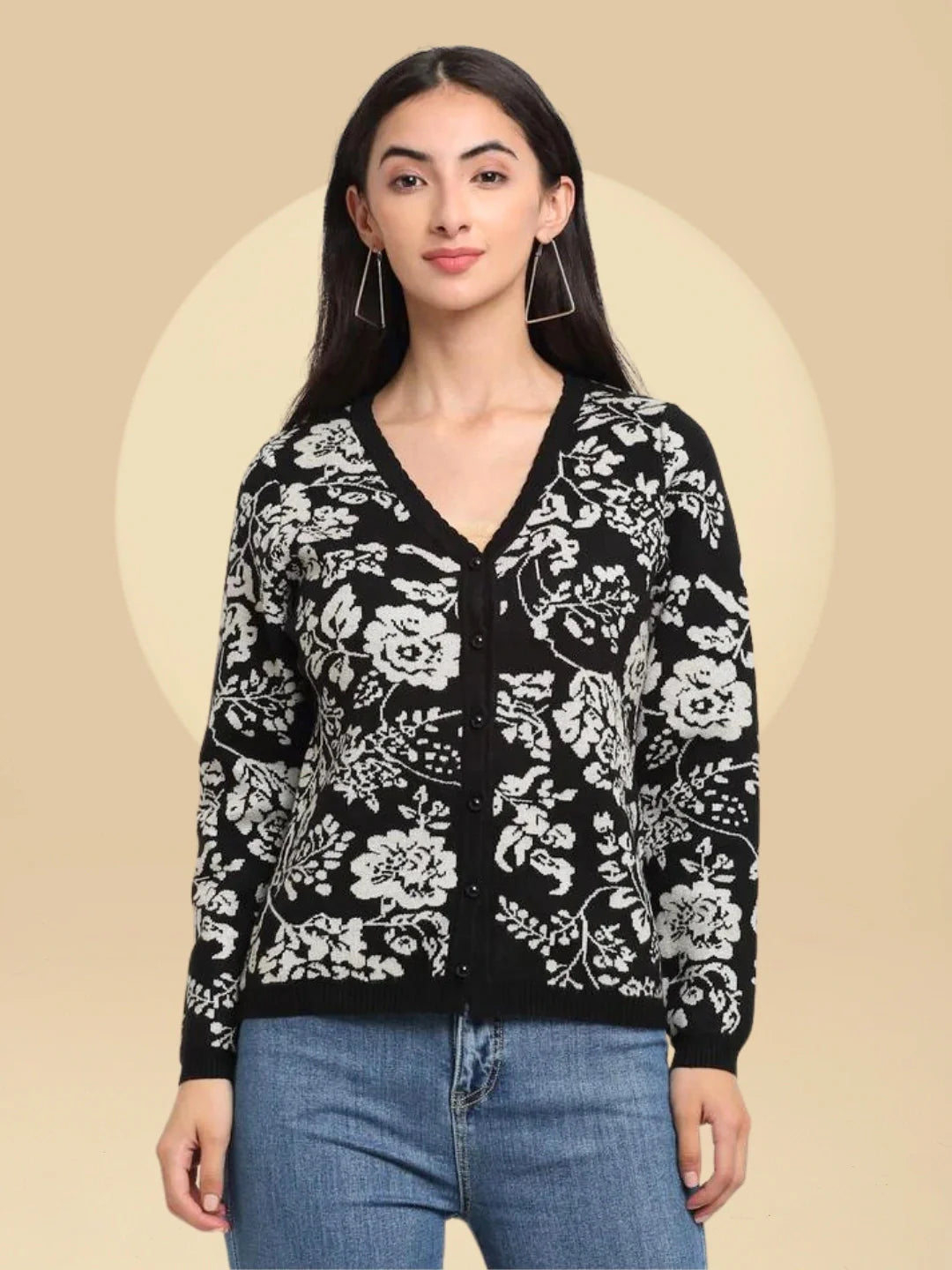 Women Black V-Neck Regular Fit Floral Printed Cardigan