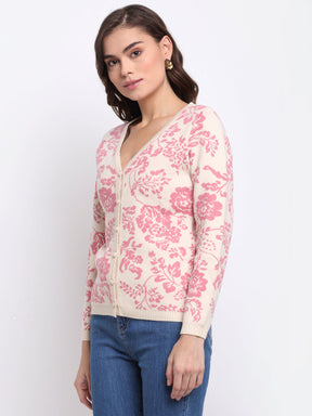 Women Pink Regular Fit Floral Printed Knitted Cardigan