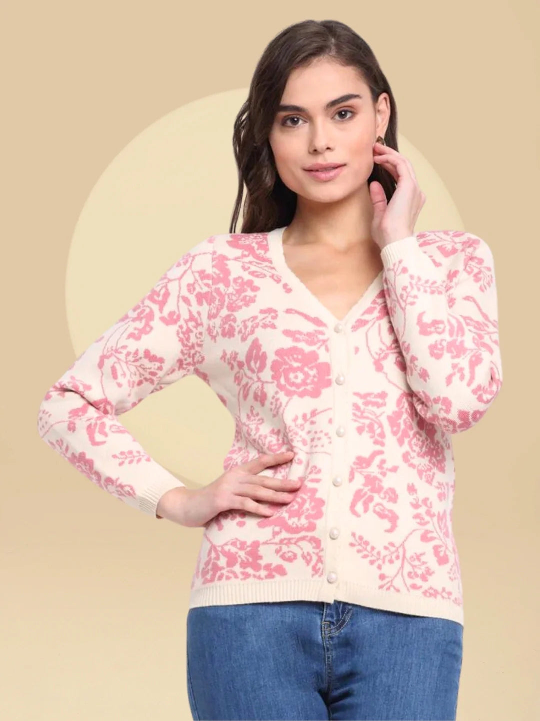 Women Pink Regular Fit Floral Printed Knitted Cardigan