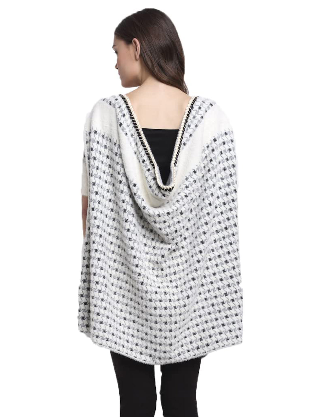 Women Black & White Front Open Printed Knitted Shrug